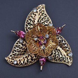 Large gold filigree pin pendant, quirky vintage brooch for women, gold jewelry